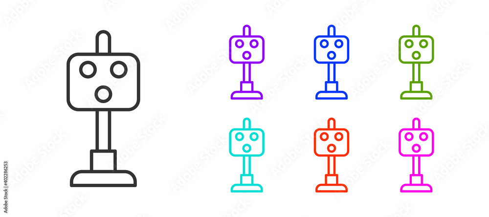 Black line Train traffic light icon isolated on white background. Traffic lights for the railway to regulate the movement of trains. Set icons colorful. Vector. Black line Train traffic light icon isolated on white background. Traffic lights for the railway to regulate the movement of trains. Set icons colorful. Vector.