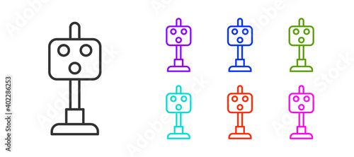 Black line Train traffic light icon isolated on white background. Traffic lights for the railway to regulate the movement of trains. Set icons colorful. Vector.