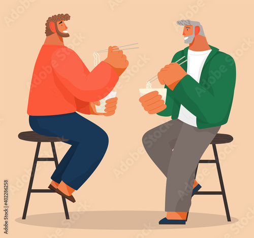 Two men friends sitting on chair eating noodles in restaurant isolated. Male characters holding sticks and boxes with japanese food. Business partners has dinner in a cafe cartoon flat vector