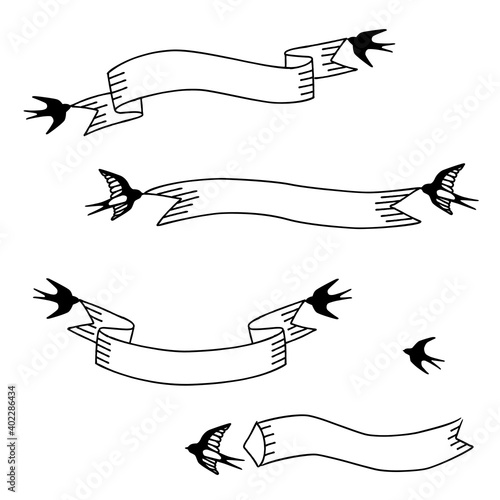 Hand drawn ribbon banner with swallows, vector illustration set