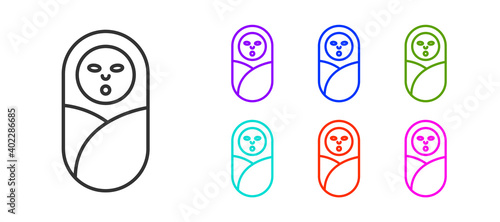 Black line Newborn baby infant swaddled or swaddling icon isolated on white background. Baby kid child wrapped in blanket clothes. Set icons colorful. Vector.