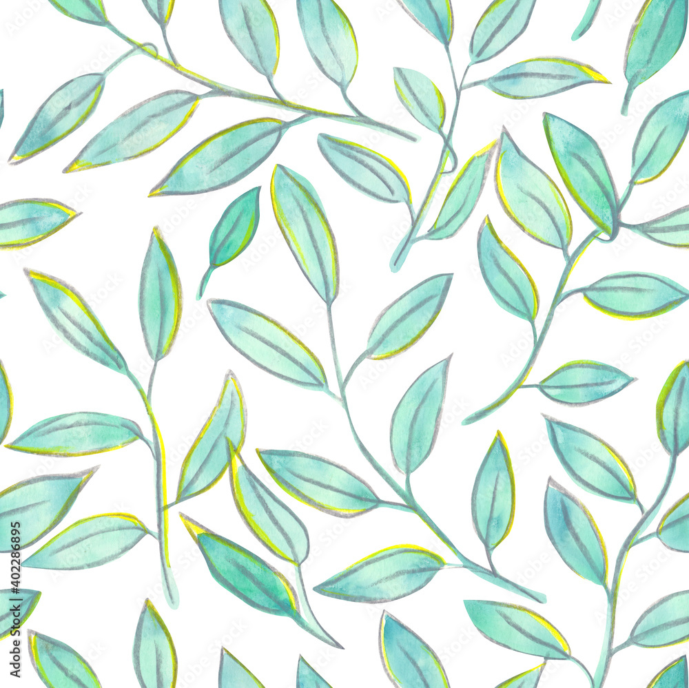 Watercolor and pastel branches with leaves seamless pattern on a white background. Hand-drawn greenery endless print. Cute natural wallpaper backdrop. Watercolor and pastel branches with leaves seamless pattern on a white background. Hand-drawn greenery endless print. Cute natural wallpaper backdrop.
