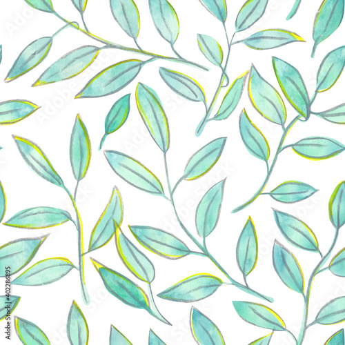 Watercolor and pastel branches with leaves seamless pattern on a white background. Hand-drawn greenery endless print. Cute natural wallpaper backdrop.