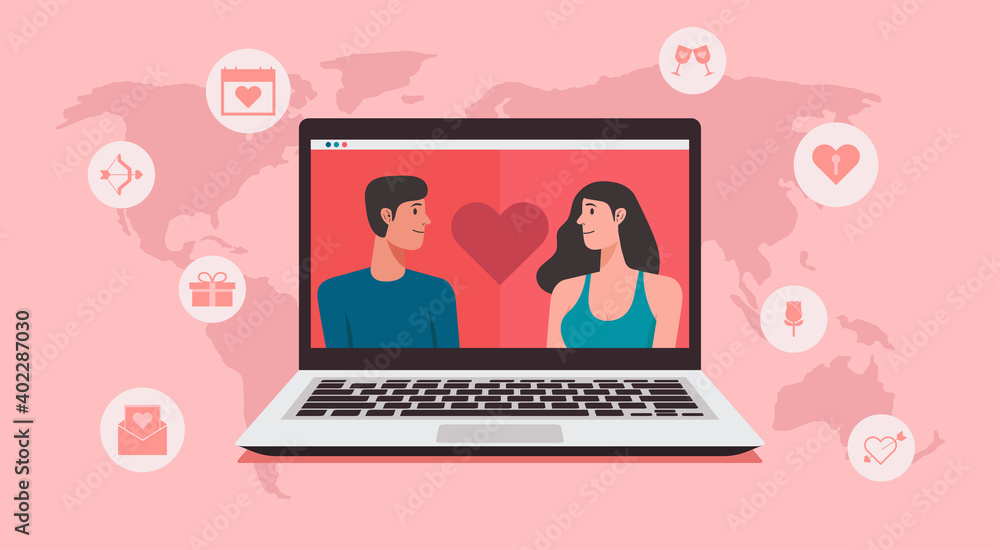 online dating or long distance relationship of couple virtual meeting on laptop concept with love icons on the world map, vector flat illustration online dating or long distance relationship of couple virtual meeting on laptop concept with love icons on the world map, vector flat illustration