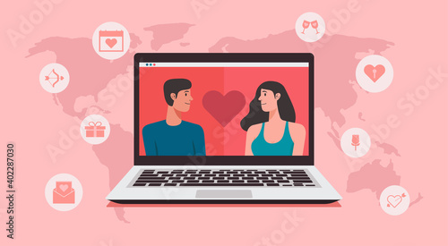 online dating or long distance relationship of couple virtual meeting on laptop concept with love icons on the world map, vector flat illustration