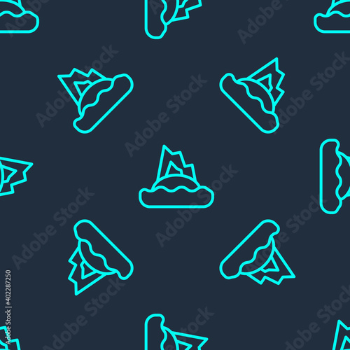 Green line Tropical island in ocean icon isolated seamless pattern on blue background. Landscape with ocean and palm trees. Travel. Vector.