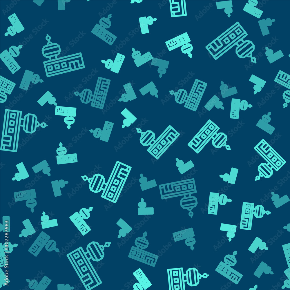 Green line Airport control tower icon isolated seamless pattern on blue background. Vector. Green line Airport control tower icon isolated seamless pattern on blue background. Vector.