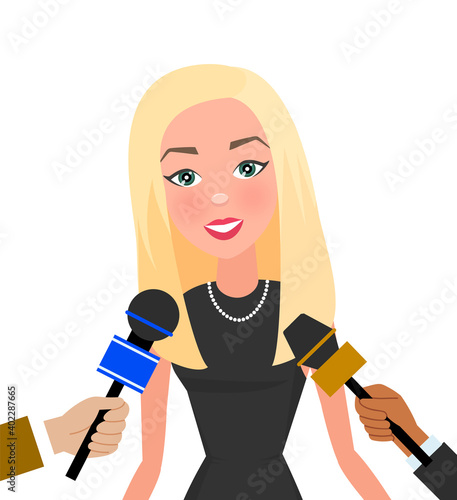 Press conference with slender woman. Journalist with microphone interviews a super famous model. Young female character in a little black dress while recording. Correspondent holds special equipment
