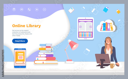 Landing page of website. Online library. Woman operator using computer. Electronic books, e-books. Read books in smartphone, at digital tablet. Media book library, e-learning online in internet