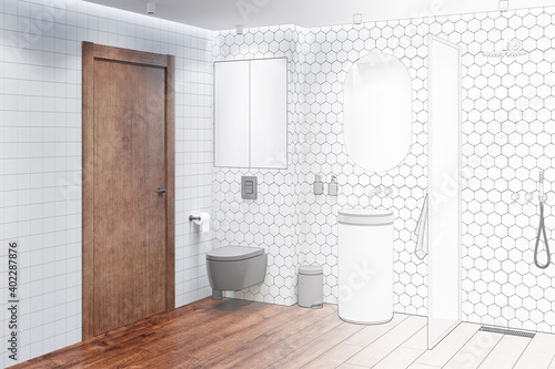 The sketch becomes a real bathroom interior with a partition shower  heated towel rail  the oval mirror above the washbasin  cabinet above wall-hung toilet  wooden door  and tiled floor. 3d render