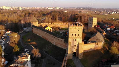 Historic castle at sunset. Ancient Cossack fortress. Shooting from a height. photo