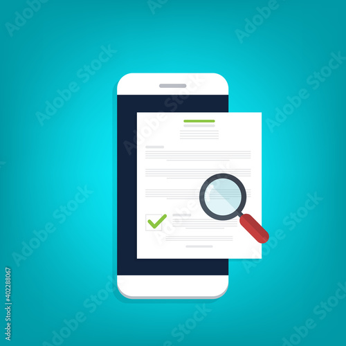 Online digital document inspection or assessment evaluation on smartphone, contract review, analysis, inspection of agreement contract, compliance verification. Vector illustration