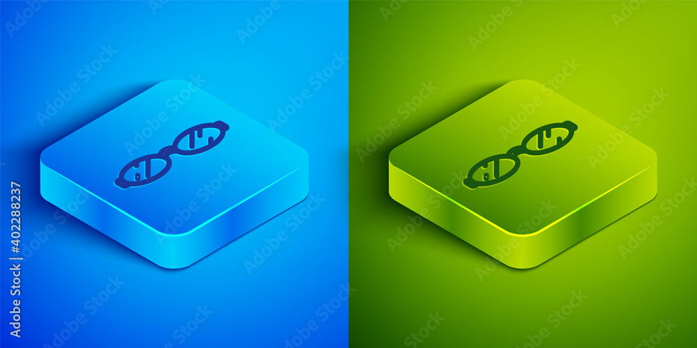 Isometric line Eyeglasses icon isolated on blue and green background. Square button. Vector. Isometric line Eyeglasses icon isolated on blue and green background. Square button. Vector.