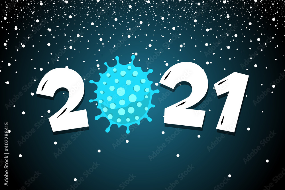 Happy New Year 2021 number with coronavirus COVID-19 epidemic icon on snowy night background. Holiday greeting card with snow and virus pandemic vector eps illustration design template Happy New Year 2021 number with coronavirus COVID-19 epidemic icon on snowy night background. Holiday greeting card with snow and virus pandemic vector eps illustration design template