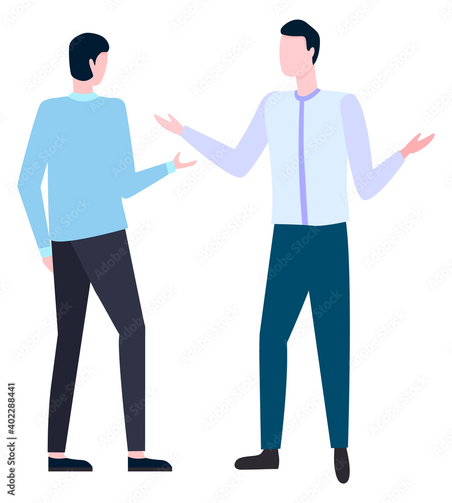 Two businessman arguing how to write business plan. Vector office workers in white collars discussing business problems, cartoon managers broker agents