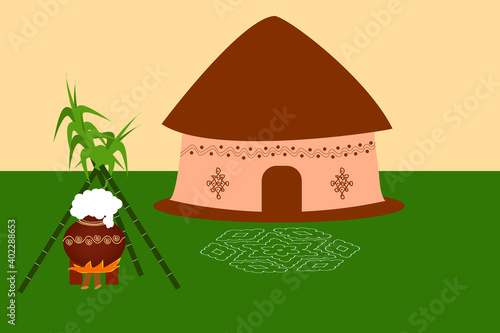 Illustration of Happy Pongal Holiday Harvest Festival of Andhra Pradesh South India greeting background with cartoon hut, Rangoli, Pongal pots and sugar canes vector. 