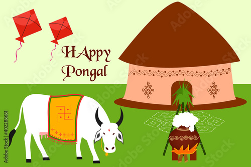 Illustration of Happy Pongal Holiday Harvest Festival of Andhra Pradesh South India greeting background with  cartoon hut, cute cow, colorful kites, Pongal pots and sugar canes vector.  
