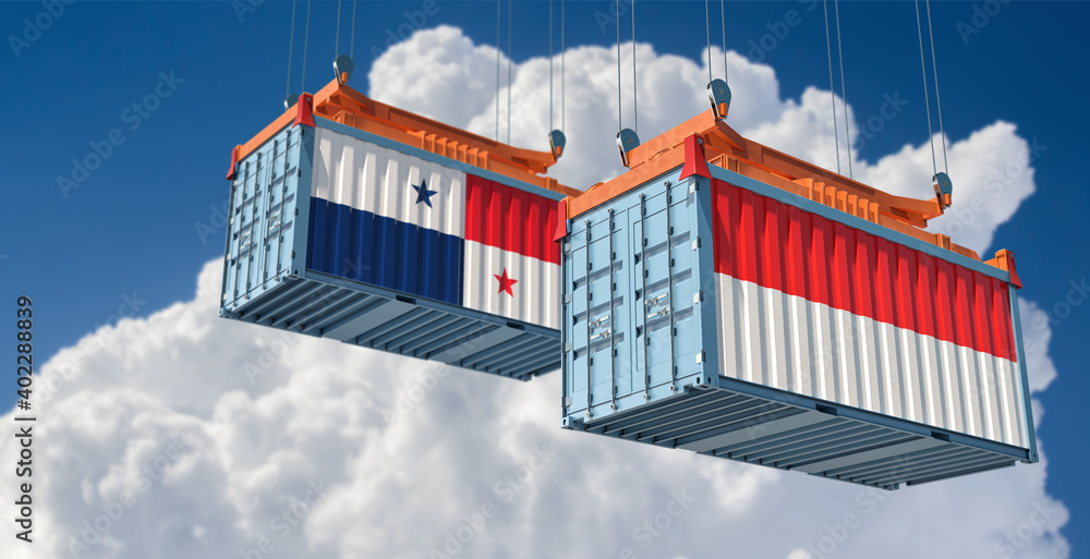 Freight containers with Indonesia and Panama national flags. 3D Rendering 