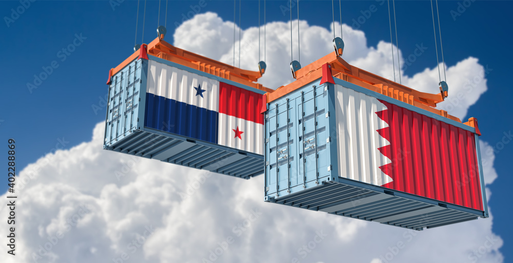 Freight containers with Bahrain and Panama national flags. 3D Rendering 