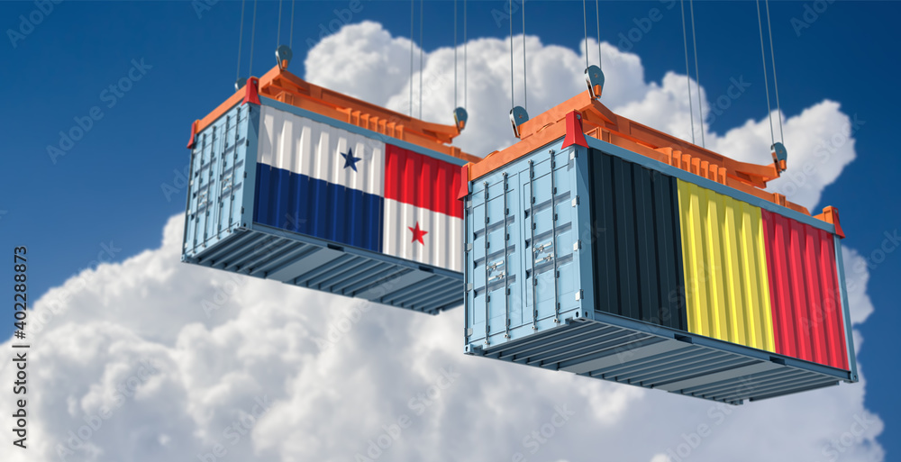 Freight containers with Belgium and Panama national flags. 3D Rendering 