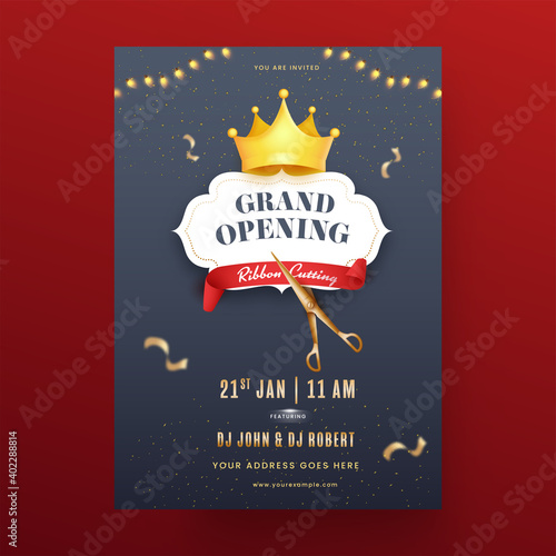 Grand Opening Party Flyer Design With Ribbon Cutting And Golden Crown Illustration.