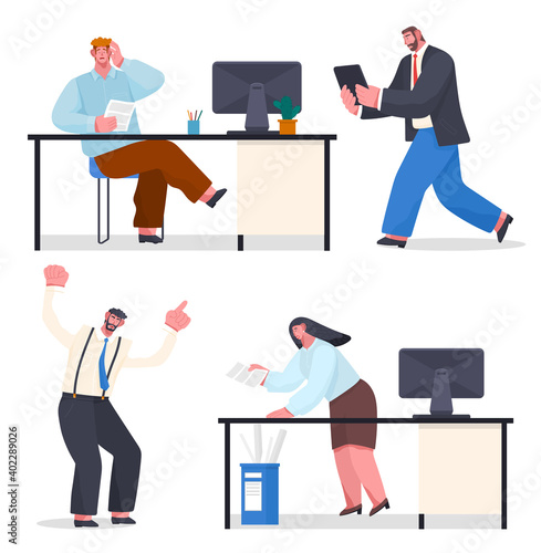 Confused office worker sitting at desk, holding document. Boss with digital tablet going to man. Angry director shouting at woman worker with papers, failure deadline, make mistake. Chaos in office