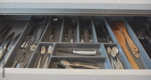 Different cutlery in kitchen drawer in domestic kitchen