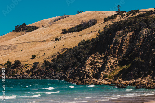 pristine wild landscape at Clifton Beach in Tasmania, Australia with wavy blue ocean and golden sand