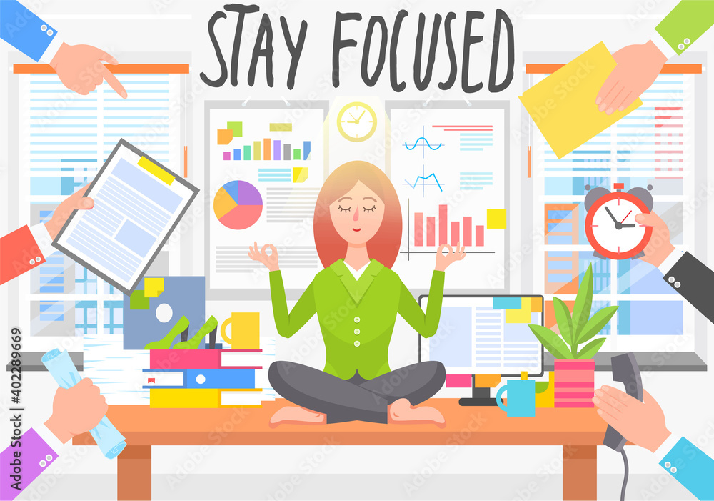 Businesswoman sitting at table in office and meditating with closed eyes. Woman ignoring busy workers with troubles, calls, deadlines. Yoga exercise to calm down stress or stressful emotions Businesswoman sitting at table in office and meditating with closed eyes. Woman ignoring busy workers with troubles, calls, deadlines. Yoga exercise to calm down stress or stressful emotions