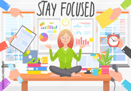 Businesswoman sitting at table in office and meditating with closed eyes. Woman ignoring busy workers with troubles, calls, deadlines. Yoga exercise to calm down stress or stressful emotions