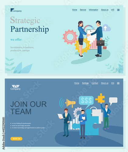 Strategic partnership and join our team webpage, people investments and supports. Looking for professional, investments in business, company startup vector. Website or landing page template online