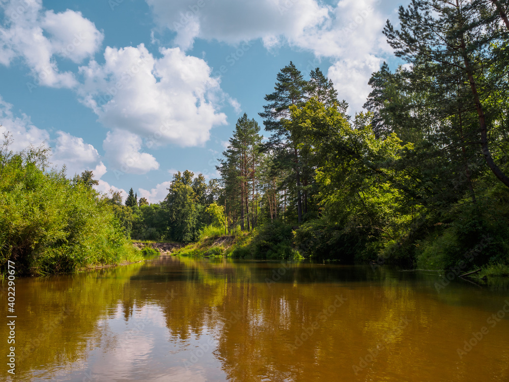 Silence on the river in the middle of the forest. Unique natural locations far from civilisation.