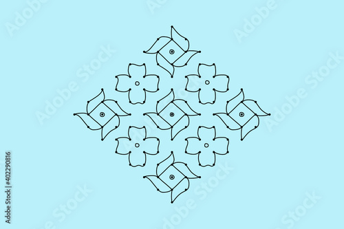 square and flowers  Indian traditional and cultural Rangoli, Alpona, Kolam or Paisley vector line art with colorful background. 
