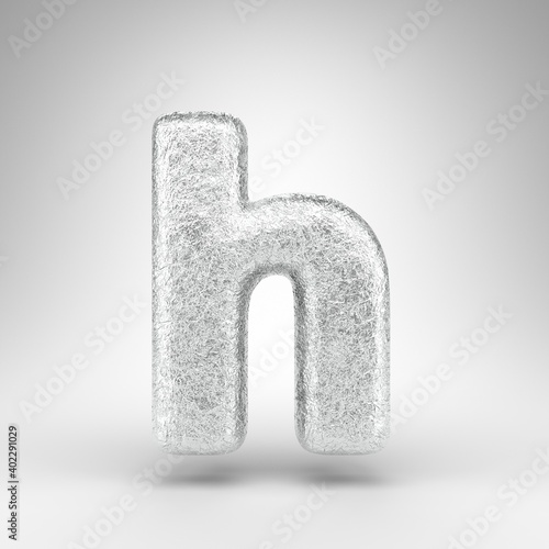 Letter H lowercase on white background. Creased aluminium foil 3D letter with gloss metal texture. photo