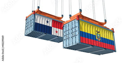 Freight containers with Ecuador and Panama national flags. 3D Rendering 