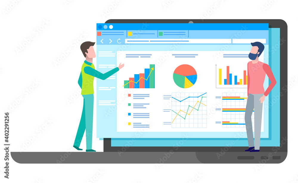 Teamwork concept. Development of a plan how to attract a customers. Man standing on laptop communicate, collaboration and discussion graphical business report with data charts and graphs on web page Teamwork concept. Development of a plan how to attract a customers. Man standing on laptop communicate, collaboration and discussion graphical business report with data charts and graphs on web page
