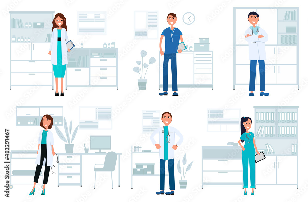 Set of illustrations on preparation of therapists for receiving patients. Doctors with phonendoscopes. Hospital worker spending time in medical institution. Therapist examines patients with equipment Set of illustrations on preparation of therapists for receiving patients. Doctors with phonendoscopes. Hospital worker spending time in medical institution. Therapist examines patients with equipment