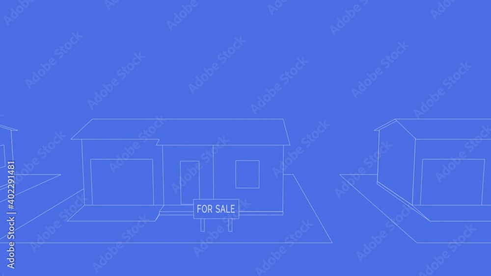3d animation of a street from several houses for sale. Sign for sale is installed near every house. Concept: blueprint. 4k 60fps 3d animation of a street from several houses for sale. Sign for sale is installed near every house. Concept: blueprint. 4k 60fps