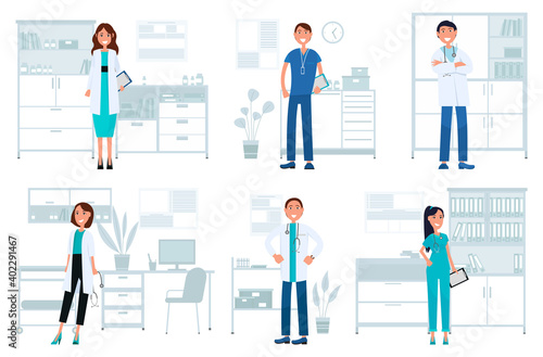 Set of illustrations on preparation of therapists for receiving patients. Doctors with phonendoscopes. Hospital worker spending time in medical institution. Therapist examines patients with equipment