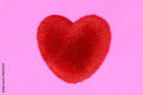 Heart from red fur. Valentine s Day. 3d render illustration isolated over pink background