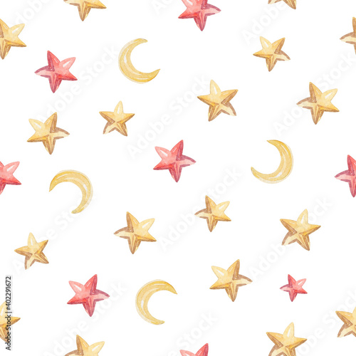 watercolor hand drawn yellow stars and moon seamless pattern on white background. Can be used like wrapping paper  baby textile  scrapbooking  cards  baby shower invitations