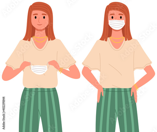 Female character is putting on mask. Red-haired woman in a sweater is posing. Young girl in medical mask vector. Self-isolation during quarantine and pandemic. Girl wearing and remove face mask