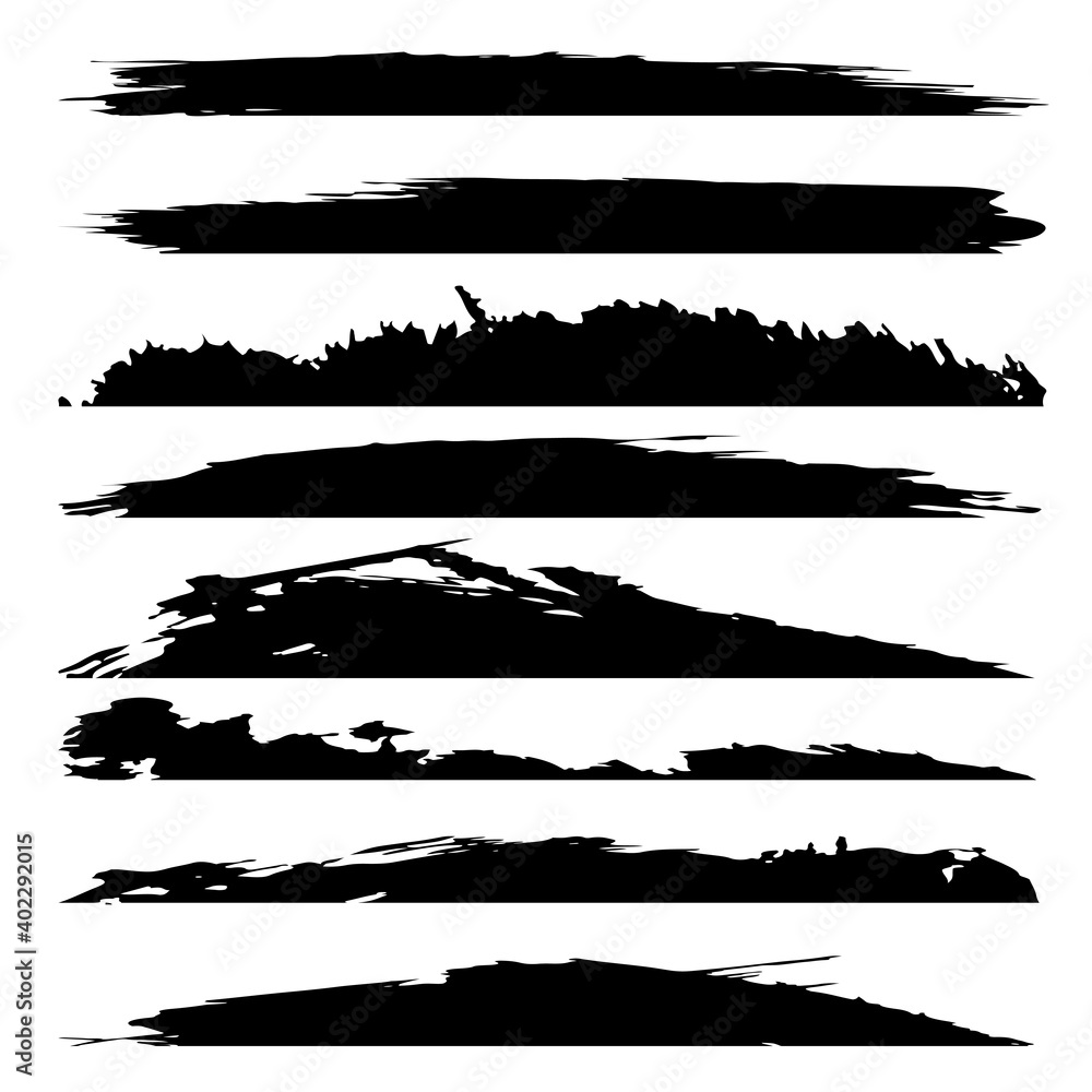 Fototapeta premium Vector collection of artistic grungy black paint hand made creative brush stroke set isolated on white background. A group of abstract grunge sketches for design education or graphic art decoration