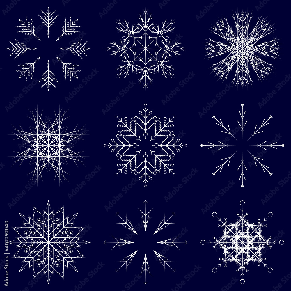 Vector collection of artistic icy abstract crystal snow flakes isolated on background as winter december decoration group or collection. Ice or frost beautiful star ornament silhouette or season art Vector collection of artistic icy abstract crystal snow flakes isolated on background as winter december decoration group or collection. Ice or frost beautiful star ornament silhouette or season art