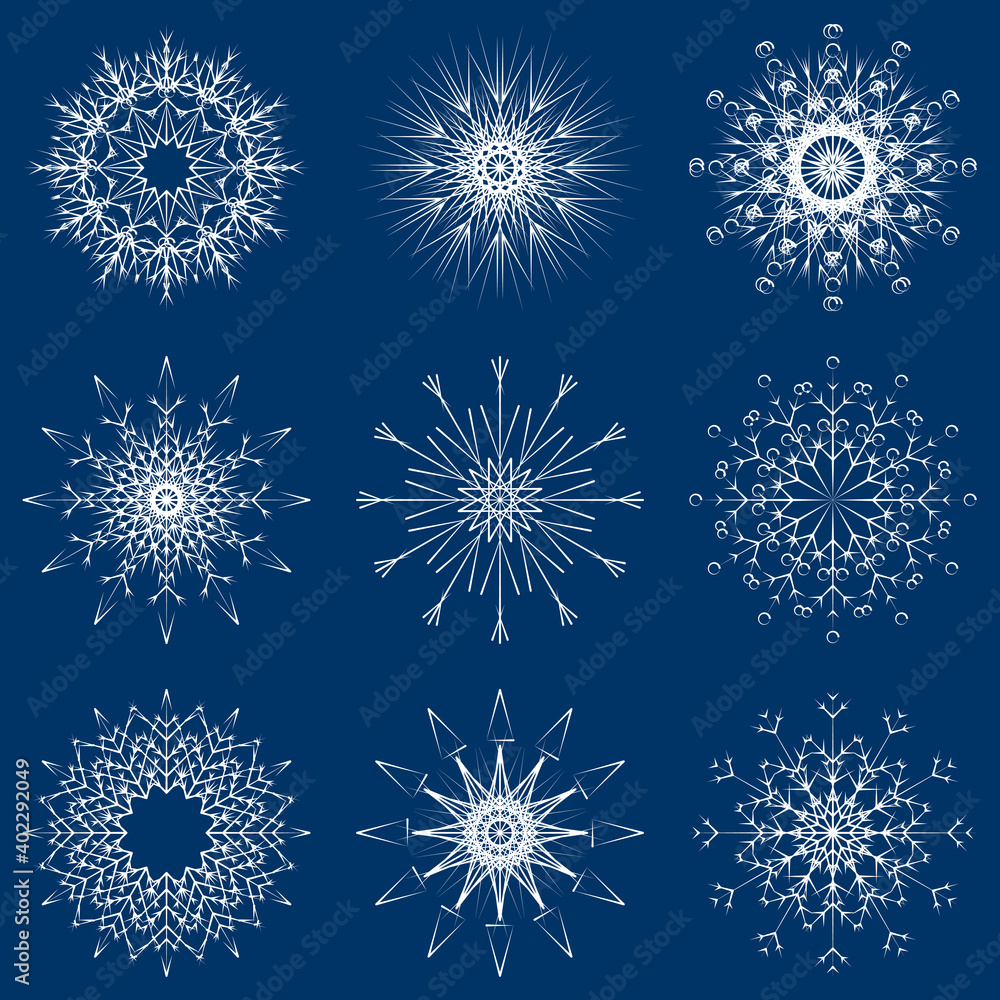 Vector collection of artistic icy abstract crystal snow flakes isolated on background as winter december decoration group or collection. Ice or frost beautiful star ornament silhouette or season art Vector collection of artistic icy abstract crystal snow flakes isolated on background as winter december decoration group or collection. Ice or frost beautiful star ornament silhouette or season art