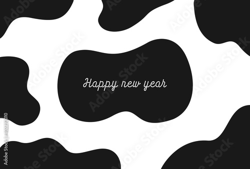 シンプルな2021年の干支・牛の模様とhappy new yearのロゴ入りハガキサイズ年賀状・背景素材
