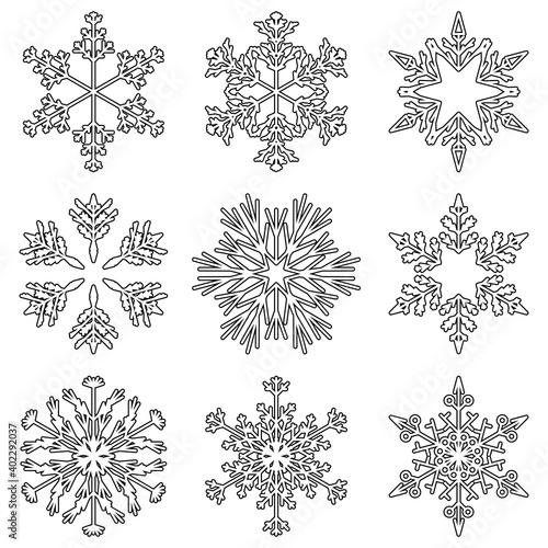 Vector collection of artistic icy abstract crystal snow flakes isolated on background as winter december decoration group or collection. Ice or frost beautiful star ornament silhouette or season art