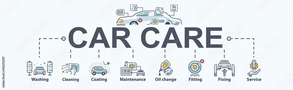 Car care banner web icon for business, wash, cleaning, coating, oil change, fitting, auto service, fix and maintenance. Minimal cartoon vector infographic.