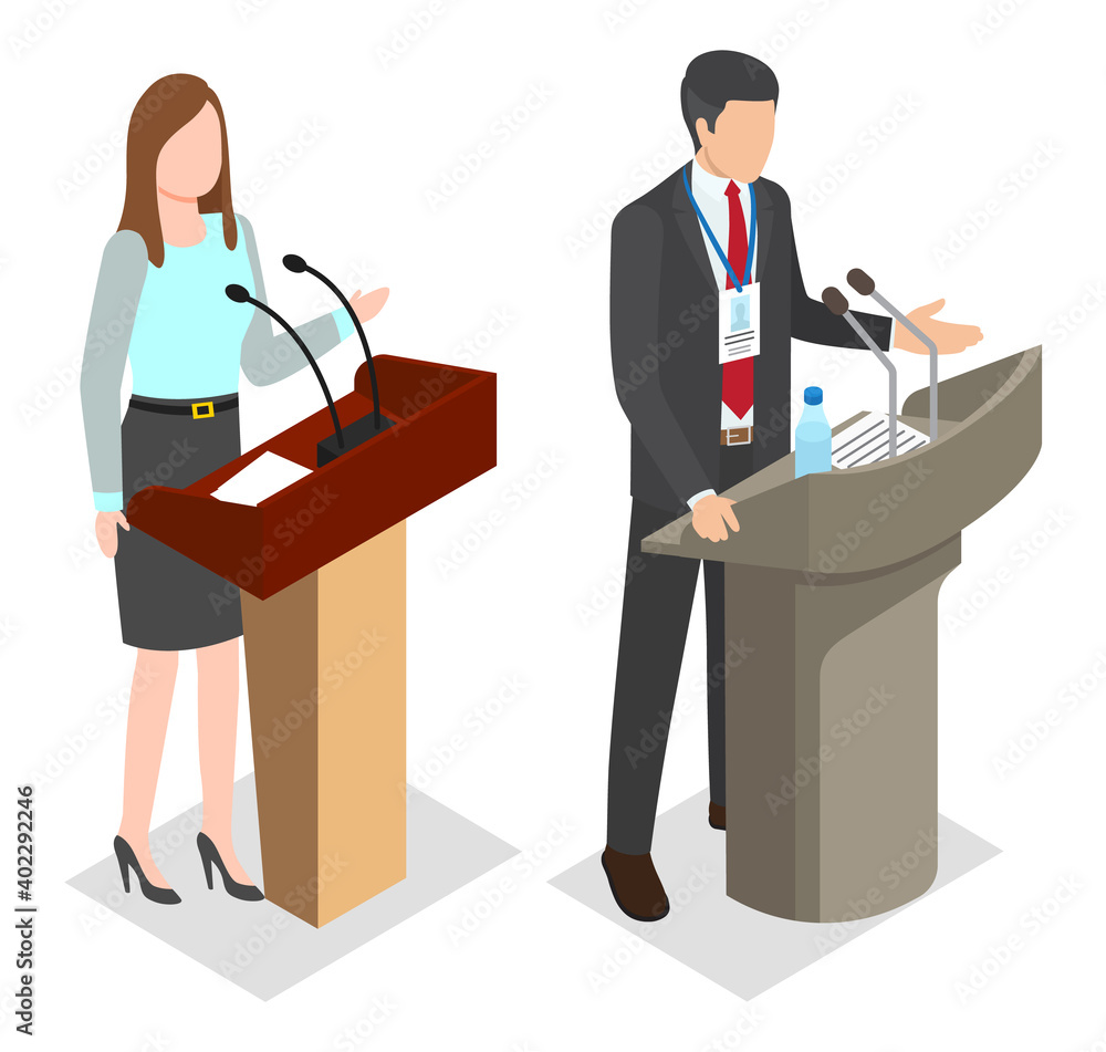Isometric image of the speakers of woman with report and man with badge standing behind the pulpit and microphones. People make speech in front public. Presenters stand on podium. Public performance Isometric image of the speakers of woman with report and man with badge standing behind the pulpit and microphones. People make speech in front public. Presenters stand on podium. Public performance