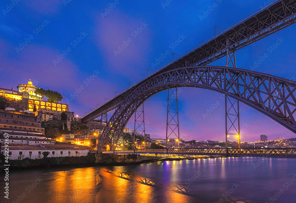 Porto city bridge at night 